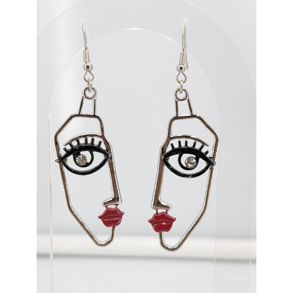 Face Dangle Earrings Silver Tone Red Lips Eye Rhinestone Abstract Art 56mm Set